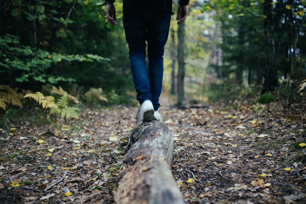 man walking on forest log demonstrating good balance as one of the pillars of great health